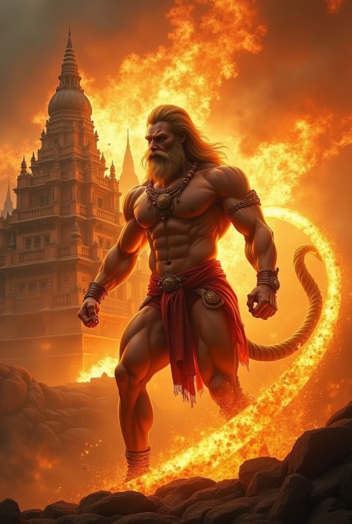 
In the background, Hanuman is shown in his larger, more powerful form using his tail for burning lanka show clearly Lanka  as burning form . Human ji working mode