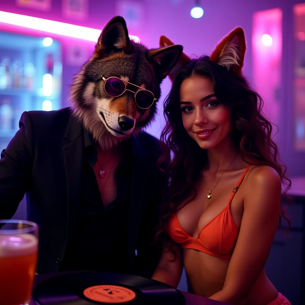 Man with wolf mask and aviator glasses, black suit, sitting at bar counter with purple neon lights, blue neon lights, next to him a beautiful woman, 18 years, long curly brown hair, Brown eyes, The girl has fox ears and tail, wear orange lingerie, There are alcoholic beverages, Records