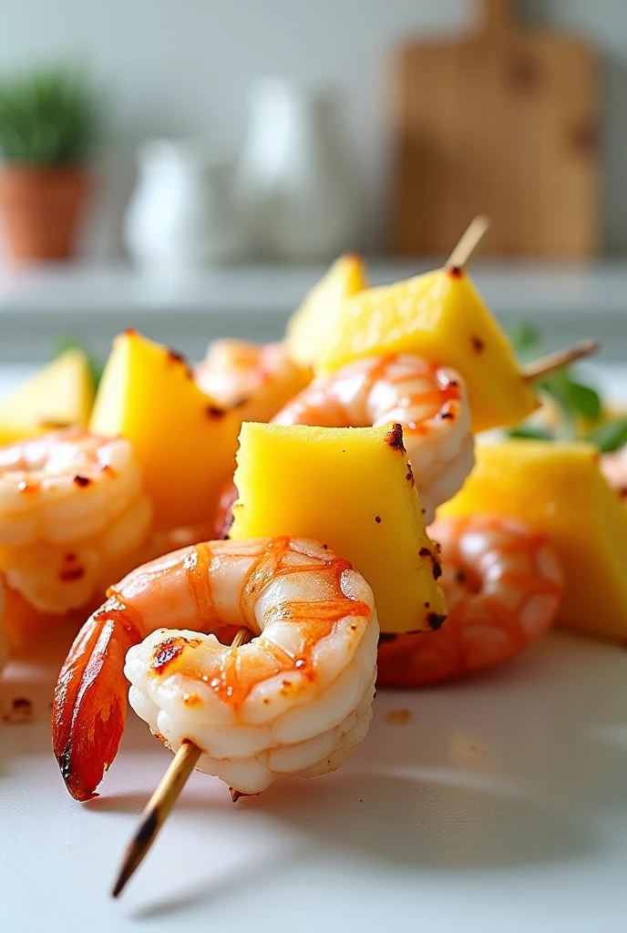 Ananas,mango and shrimp Hawaiian skewers whi kitchen minimal background 