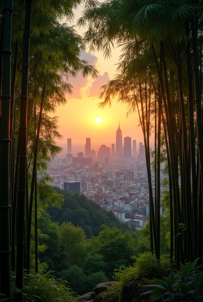 A skyline in a bamboo forest at sunset behind