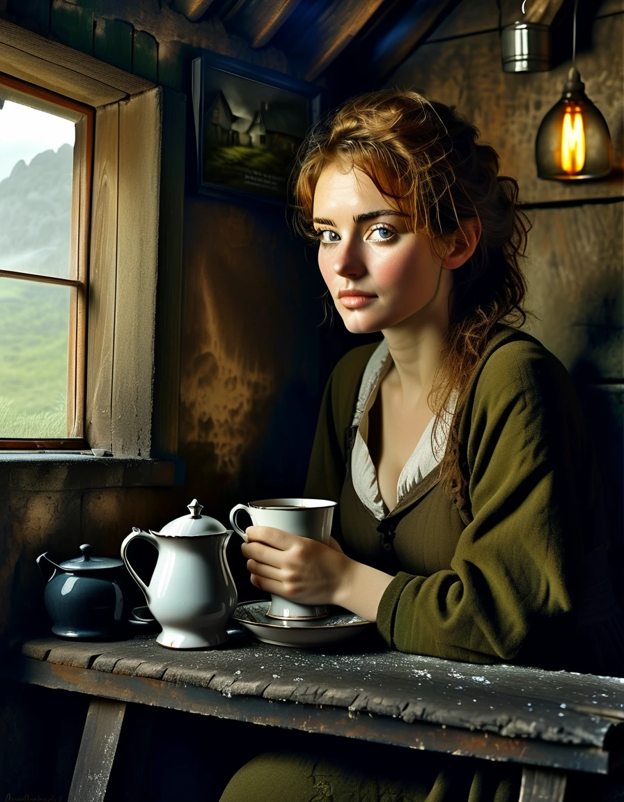A picture of an enigmatic Scottish female figure in a bothy, sitting on a nook with a cup of hot tea, looking at viewer with a mysterious eyes, awkward encounter, photo realistic style, detailed face, perfect eyes, Annie Leibovitz photography