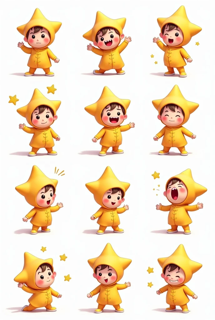 9 poses and expressions, emoticons [dizzyhappy, angry, crying, sad, cute, expectant, Laughing, disappointed and shy, sLeepy, eating, dizzyexpressing Love, etc,L, Line art, sticker art, cartoon boy wearing star costume on white background, Lovely cartoon character, Lovely数字, Lovely character, Lovely 3 d render, Lovely digitaL art, Lovely detaiLed digitaL art, render of a Lovely 3d anime girL, Anime style 3d, Lovely! C4D, Lovely anime, High-quality character design, Lovely art styLe, Lovely cartoon
