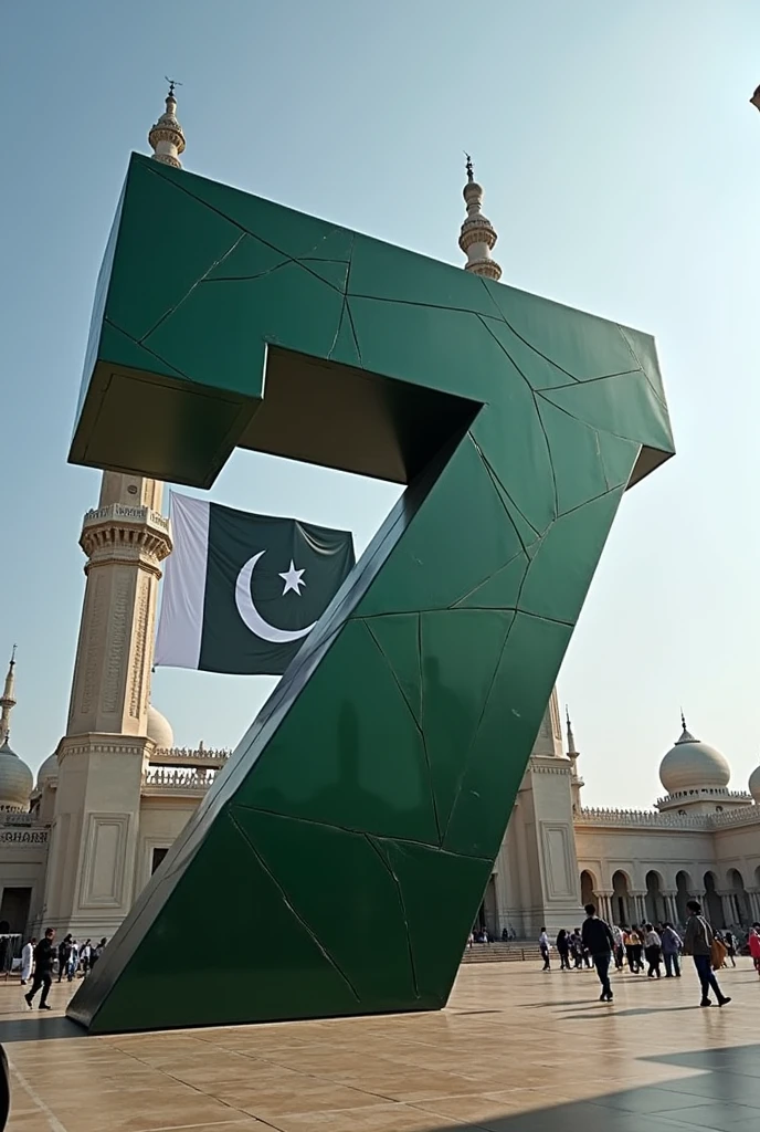 7 is written in 3D and behind the tower is a huge black and white striped flag of Pakistan.