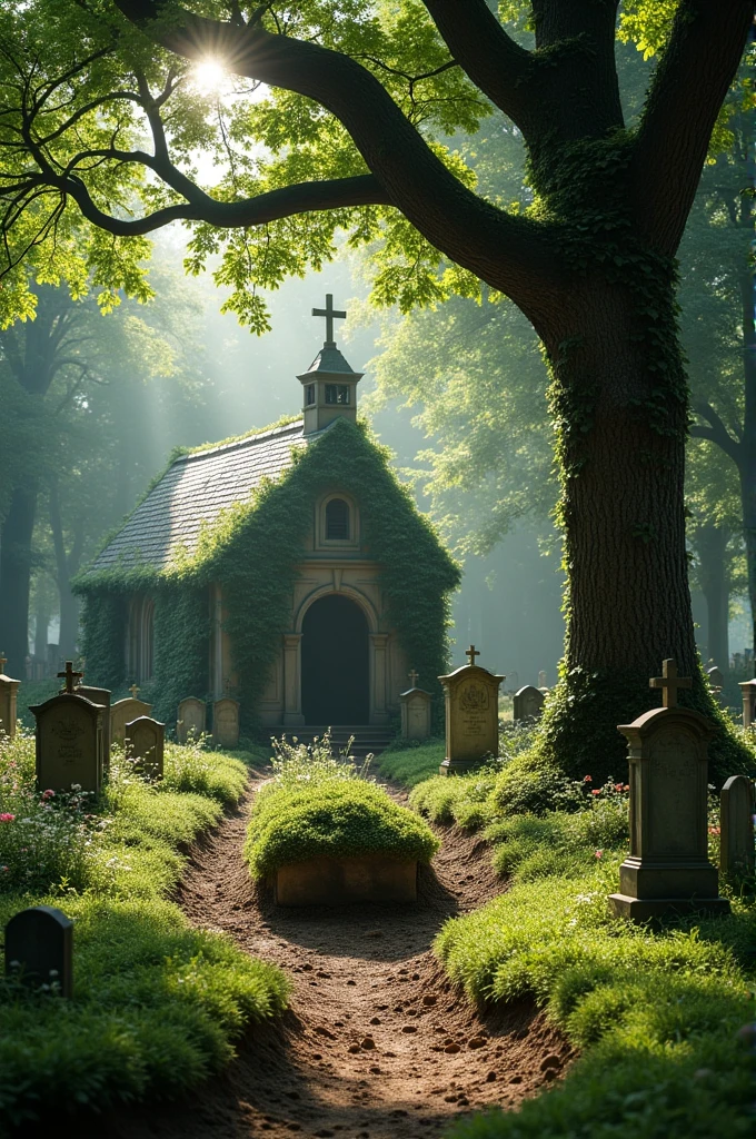 A burial being held near a small chapel with many trees and graves nearby