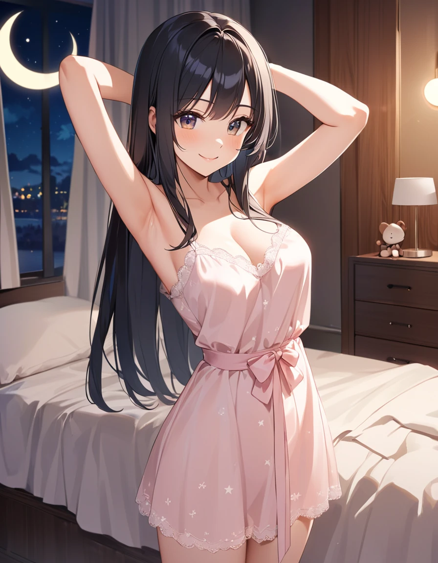 Woman, cute, adorable, smiling, straight hair, long hair, black hair, full breasts, standing, (right arm up behind:1.2), (shows armpit:1.2), (left arm Lower waist:1.2), Swayback stance, looking at the camera, From the front, from thighs to head, bedroom, night, crescent moon, Negligee