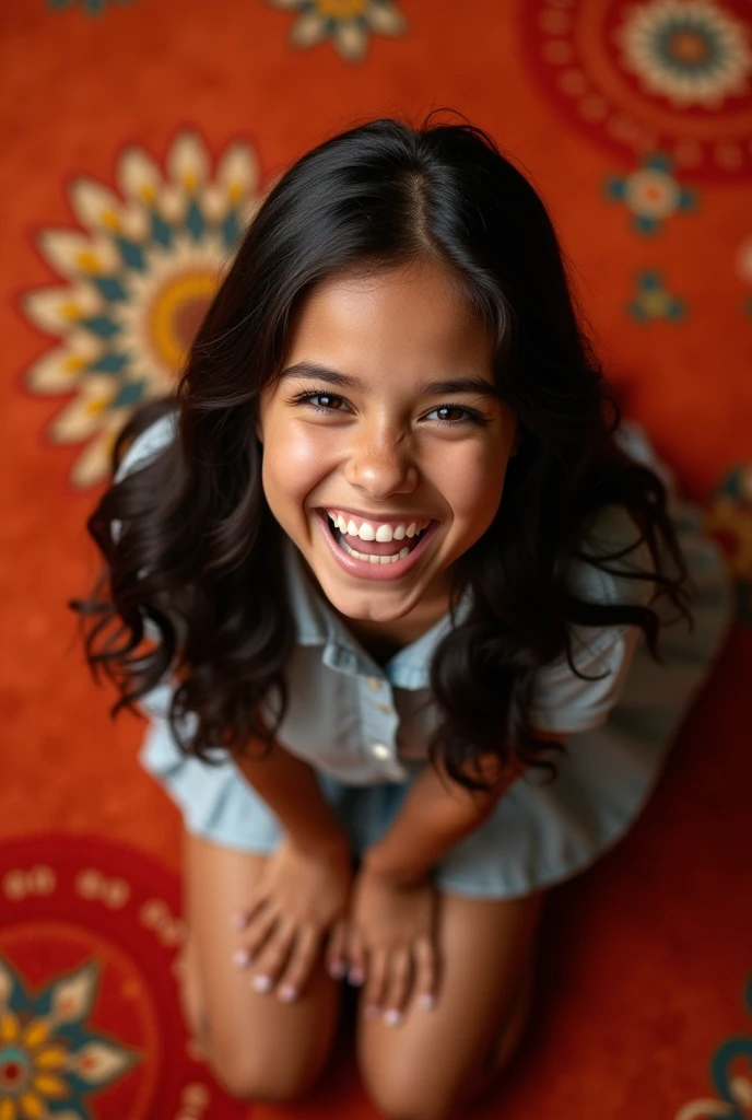 Beautiful, black , kneeling on carpet, perfectly silky hair, (mouth very wide open and happy), wearing very short skirt, ((top down view))