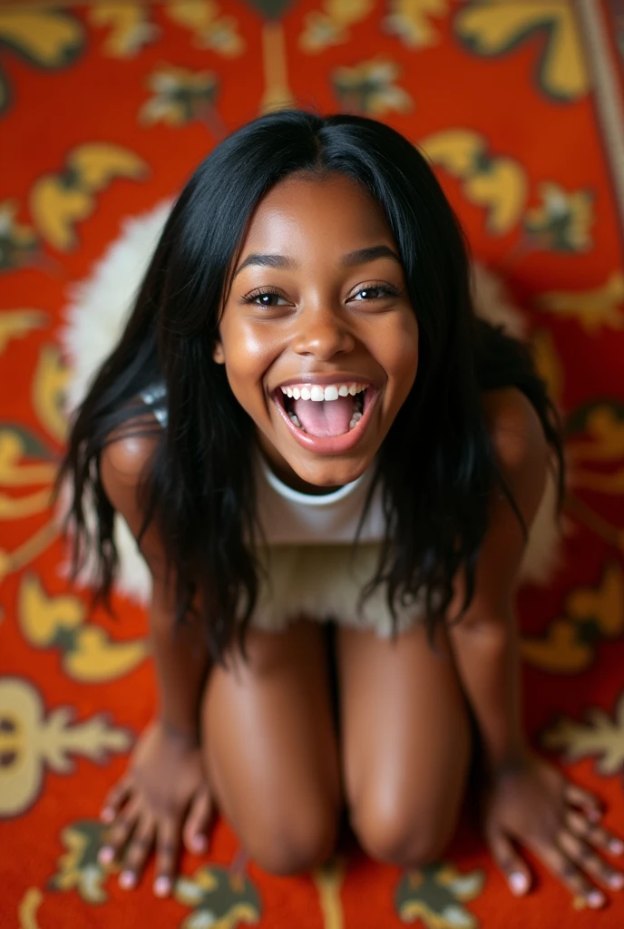Beautiful, black younger teen, kneeling on carpet, perfectly silky hair, (mouth very wide open and happy), wearing very short skirt, ((top down view))