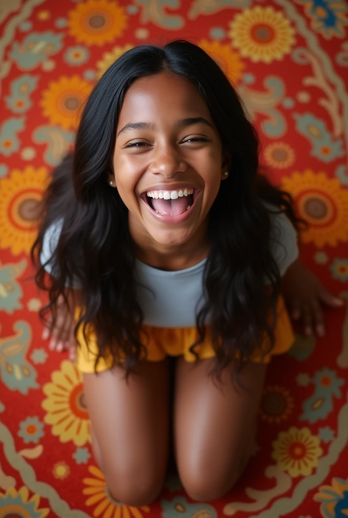 Beautiful, black , kneeling on carpet, perfectly silky hair, (mouth very wide open and happy), wearing very short skirt, ((top down view))