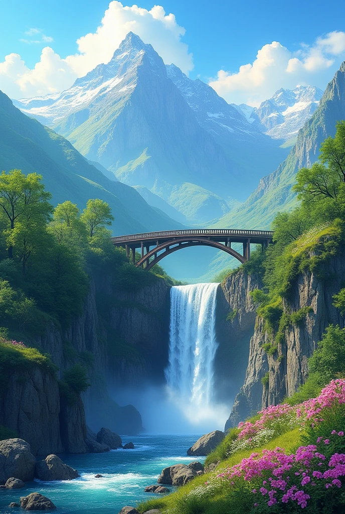 A heavenly scene with beautiful mountain and windy hills with a waterfall from the middle  and hills connected by a bridge and at the bottom of hill there are various colourful flower
