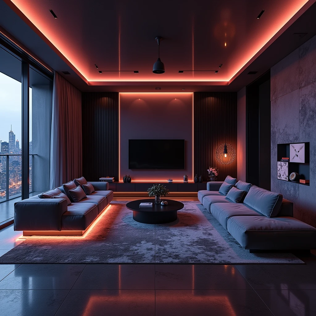 Please design me an extremely luxurious living room, modern and fully equipped. Futuristic design with mysterious colors