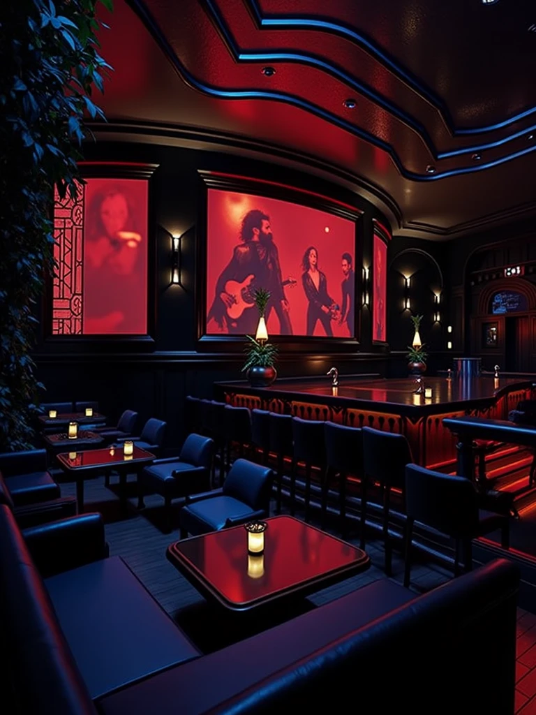 photorealistic, red, jazz club, burlesque stage, large interior, tables, spacious, big building, tables and chairs, performing stage, moody