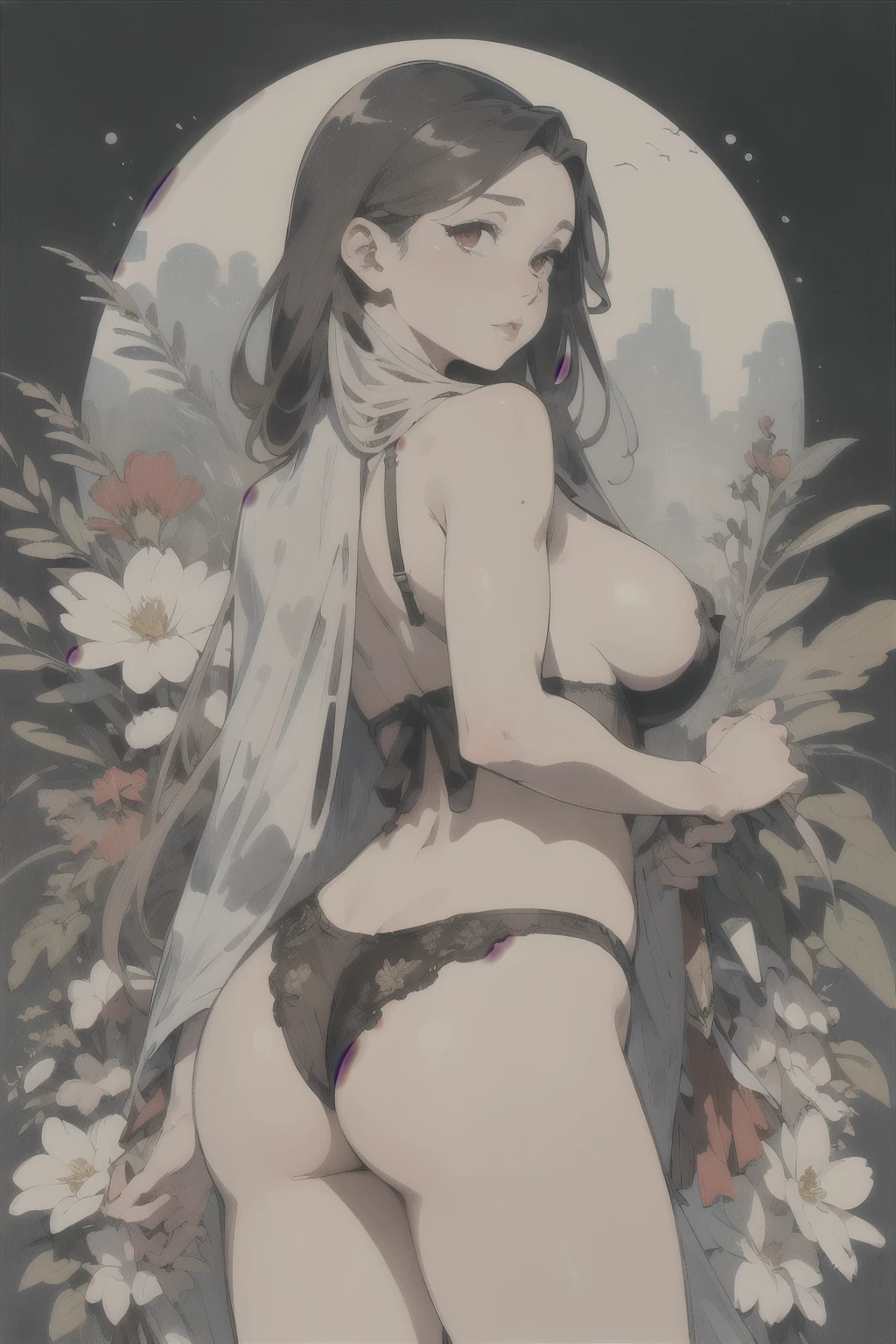 ((masterpiece)), (Highest quality), (work), Art Nouveau watercolors , Moon Goddess , Big Breasts，Nipples are prominent，Ultra-thin bra，Ultra-thin panties，String，Showing your belly button，Exposed camel toe，Big eyes, length, Thick eyelashes, Fuller lips, Dark red eyes, hair length and thick, , slender, Flower-like_background, Intricate designs and patterns in the style of Alphonse Mucha.From behind