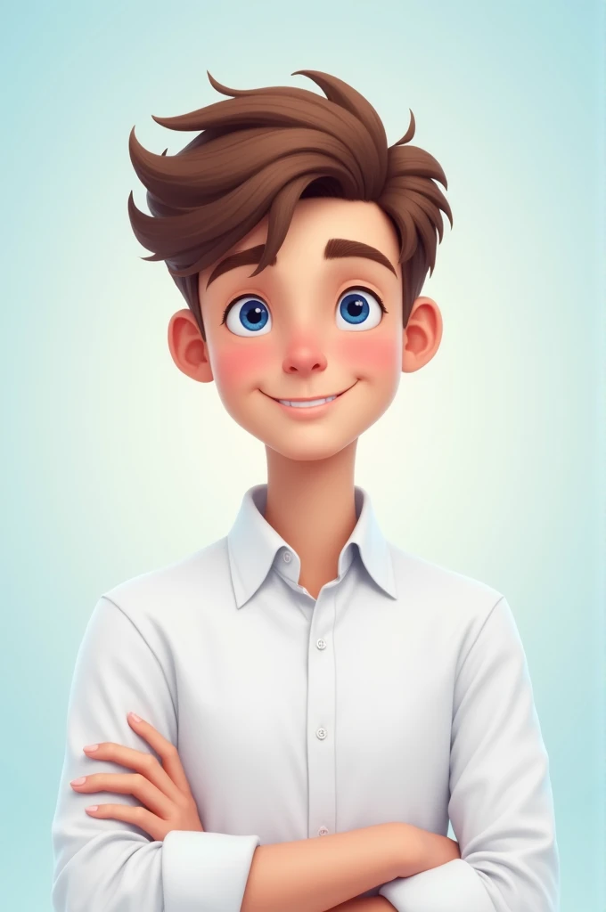 Create a digital avatar of a young man in his teens with short, slightly messy light brown hair. He has light skin, blue eyes, and a clean appearance. The avatar should be dressed in , a white dress shirt, The expression should be calm and friendly, with a slight smile."