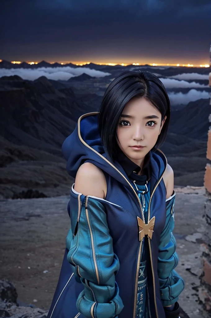 Empty City, A town above the clouds, Sky City,Black Eye,Blue haired,Falling from the sky、In the desert、Stars shine in the night sky、beautiful girl、Show your side
