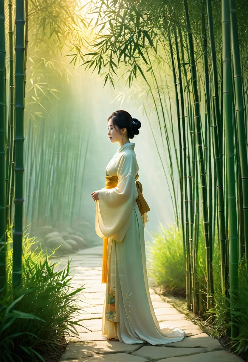 A woman in Hanfu stands among the bamboo groves, her silhouette illuminated by golden light. The scene is rendered with a minimalist aesthetic and an ethereal glow, creating a dreamlike atmosphere. This artwork captures the essence of ancient Chinese culture through its elegant composition and soft tones. It embodies simplicity and tranquility, showcasing traditional aesthetics within a modern context. The woman is dressed in traditional , with the artwork rendered in the style of minimalism and tranquility. --ar 9:16