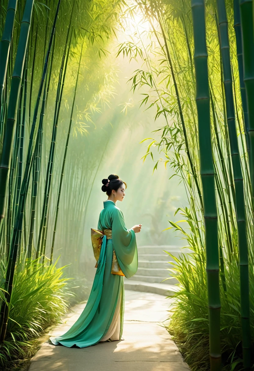 A woman in Hanfu stands among the bamboo groves, her silhouette illuminated by golden light. The scene is rendered with a minimalist aesthetic and an ethereal glow, creating a dreamlike atmosphere. This artwork captures the essence of ancient Chinese culture through its elegant composition and soft tones. It embodies simplicity and tranquility, showcasing traditional aesthetics within a modern context. The woman is dressed in traditional , with the artwork rendered in the style of minimalism and tranquility. --ar 9:16