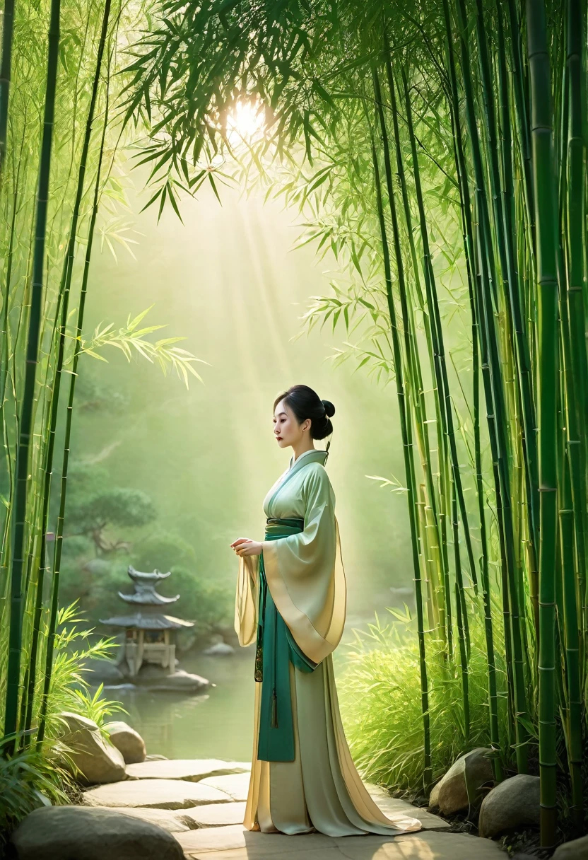 A woman in Hanfu stands among the bamboo groves, her silhouette illuminated by golden light. The scene is rendered with a minimalist aesthetic and an ethereal glow, creating a dreamlike atmosphere. This artwork captures the essence of ancient Chinese culture through its elegant composition and soft tones. It embodies simplicity and tranquility, showcasing traditional aesthetics within a modern context. The woman is dressed in traditional , with the artwork rendered in the style of minimalism and tranquility. --ar 9:16