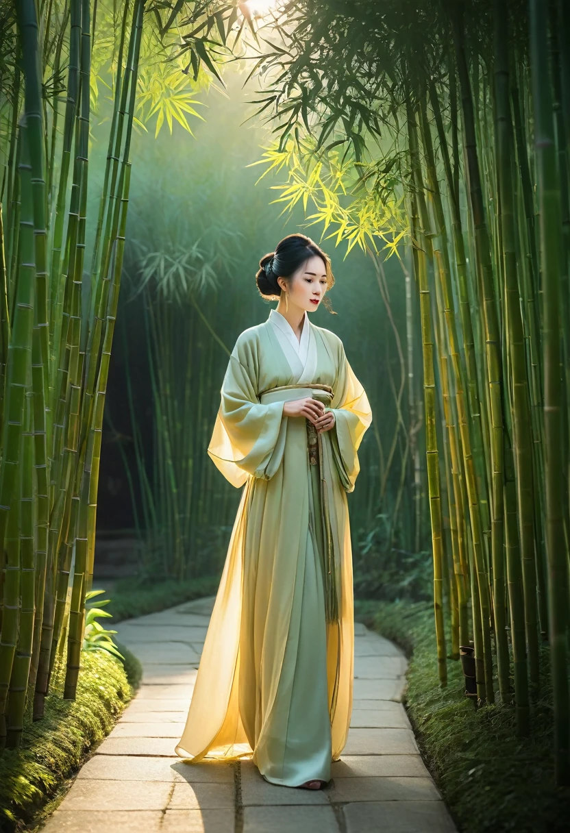 A woman in Hanfu stands among the bamboo groves, her silhouette illuminated by golden light. The scene is rendered with a minimalist aesthetic and an ethereal glow, creating a dreamlike atmosphere. This artwork captures the essence of ancient Chinese culture through its elegant composition and soft tones. It embodies simplicity and tranquility, showcasing traditional aesthetics within a modern context. The woman is dressed in traditional , with the artwork rendered in the style of minimalism and tranquility. --ar 9:16