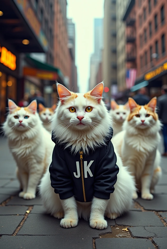 Generates a hyperrealistic image of a street with several white Manie Coon cats which have 2 yellow spots on their forehead and have one light blue eye and the other yellow eye., He also has branded rock style clothing "JK" because he is being photographed as a model, so it simulates a model pose, with a defiant look. The place is New York street