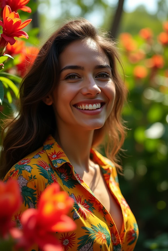 A Brazilian woman in a lush tropical garden, wearing an open shirt with a floral print, with a close-up capturing the harmonious beauty between her breasts and the natural flowers, showing off your natural charm and outgoing personality.
