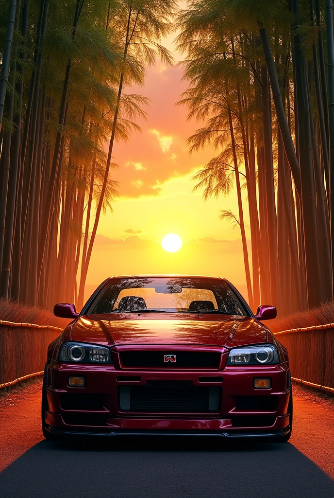 A skyline car in a bamboo forest at sunset behind