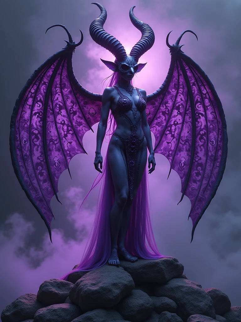 Deep within a shadowy, ancient jungle, under the ghostly light of the moon, stands an alluring elven sorceress, radiating dark power. Her tall, slender frame is distinctly elven, with pointed ears and smooth, violet skin that glows faintly in the moonlight. Her long, jet-black hair cascades over her bare, toned shoulders, framing her sharp, ethereal features. Her eyes, glowing with a fiery crimson hue, hint at her malevolent intent. She is dressed in nothing but dark, intricate underwear made of black lace, adorned with tiny, enchanted symbols that shimmer with a sinister light, across her arms, back, and thighs, glowing, blood-red tattoos trace ancient, forbidden patterns, pulsing with demonic energy against her violet skin. Her deep crimson lips curl into a wicked smile as she grips a dark, obsidian relic, humming with an entrancing, violet glow. From her back, bat-like wings, dark and leathery, unfold, casting long shadows on the ground. The earth beneath her feet is marked with occult symbols, glowing in unison with her demonic tattoos. Tendrils of dark magic swirl around her, summoning shadowy, demonic entities that obey her every command. The twisting vines and blackened roses surrounding her seem to shrink away, while the jungle echoes with the eerie whispers of spirits and the guttural chants of infernal beings, heightening the gothic, demonic essence of her ritual
