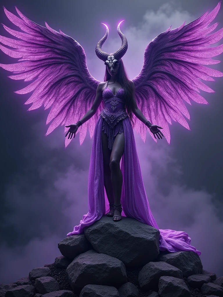 Photography Style-Photography，Ultra-clear details，Portrait photography，The image of a female demon in mythology，Decorated with purple，Eagle skull with spiral horns，The wings have intricate pattern details，Gorgeous patterns all over the body，Sitting on a pile of rocks，Standing posture，22-year-old mysterious entity，Fantasy Surrealism，Burst of purple light，Dark background contrast，Highly detailed textures，Hyperrealistic style，RAW,8k