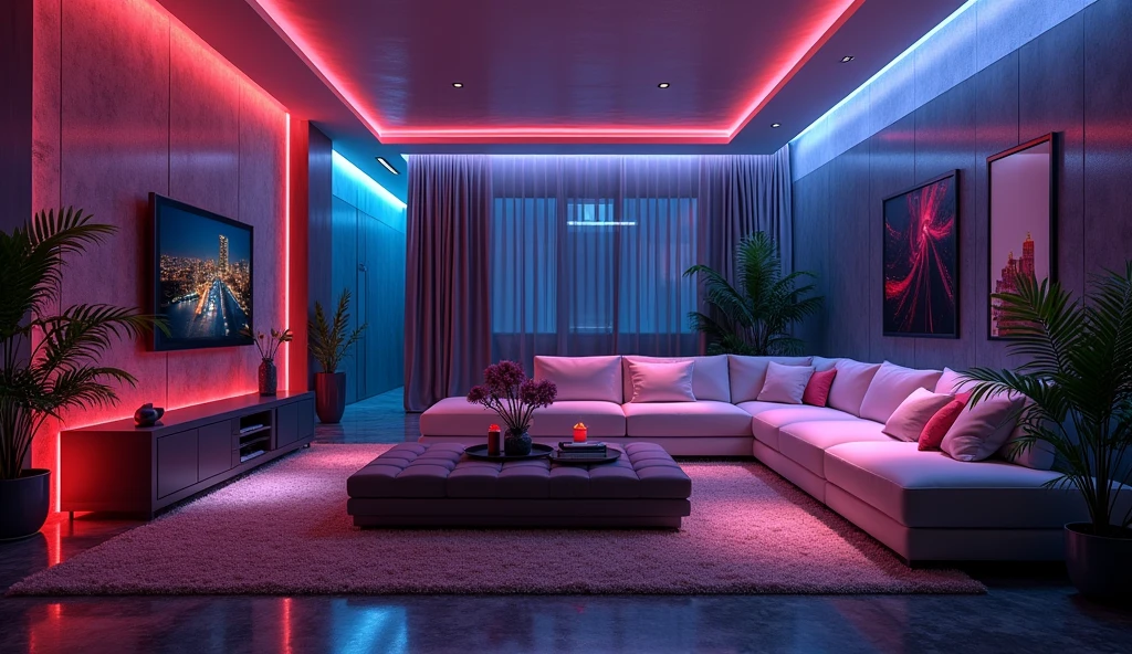 Please design me an extremely luxurious living room, modern and fully equipped. Futuristic design with mysterious colors