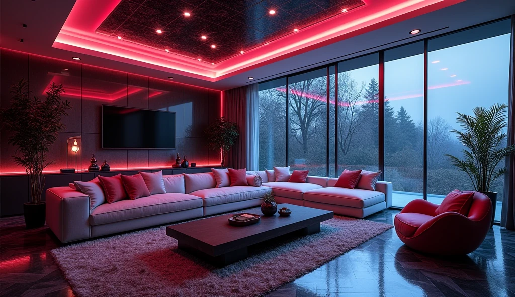 Please design me an extremely luxurious living room, modern and fully equipped. Futuristic design with mysterious colors