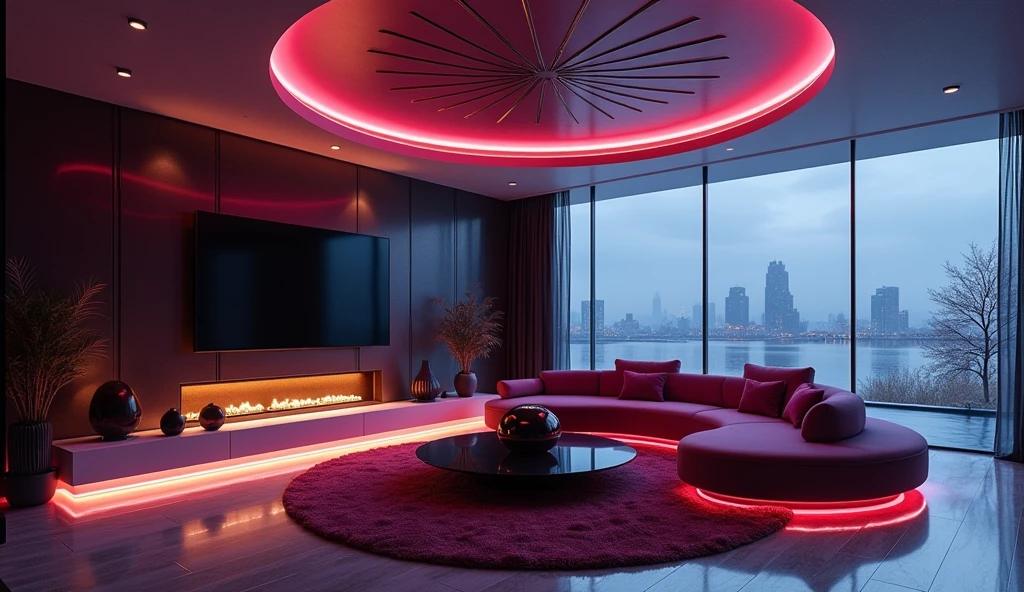 Please design me an extremely luxurious living room, modern and fully equipped. Futuristic design with mysterious colors