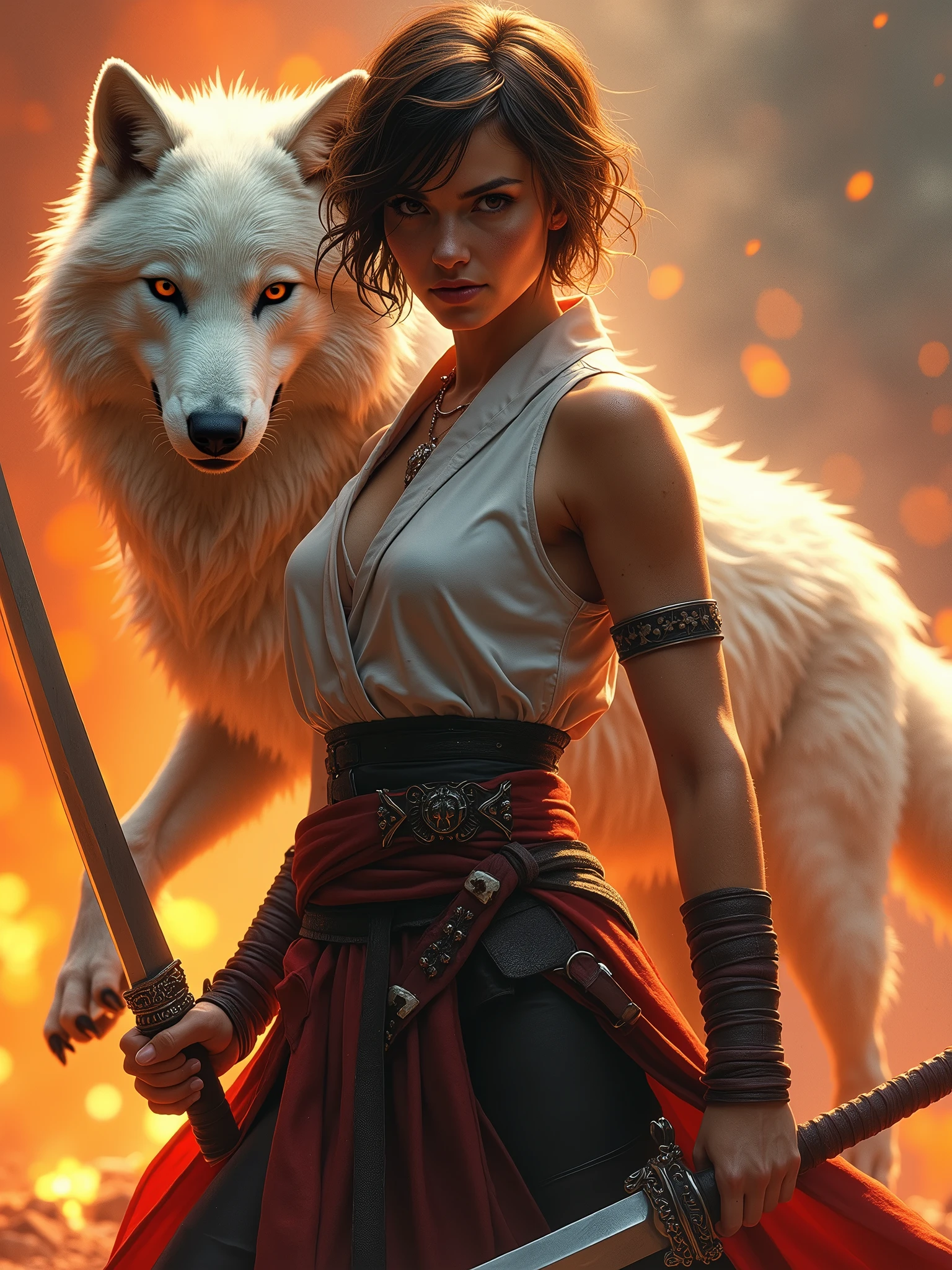 a 30 year old girl, brown hair, short hair, fearless expression, a fighter, having some knifes, with a white ninja wolf, fearless expression too, coming from war background, fire background, fantasy, highest quality