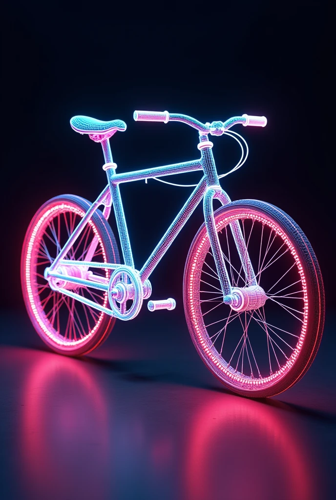 Bicycle, pixel art, in style of pixelart, 8bit, cyberpunk, digital art, wireframe mesh, high contrast, dark background, retrofuturistic, space glowing neon lights, close up, portrait.