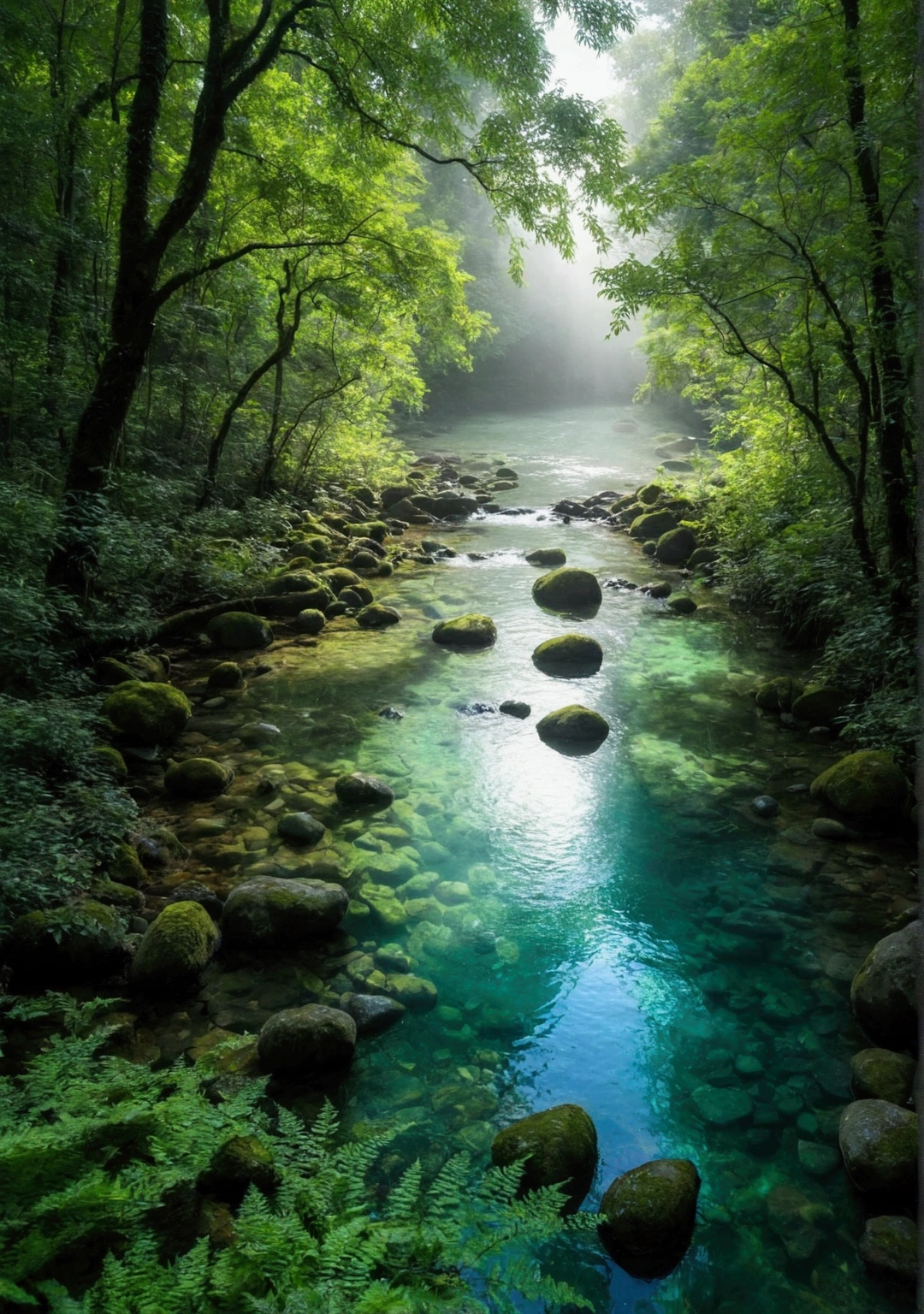 Stream in primeval forest，Sunlight shining through foggy leaves has a Tyndall effect，Behind is a green pond，The water is full，Water is flowing，The water is clear and you can see many small pebbles，The water is turquoise，Makes people look cool，Very fresh and natural，Emerald green, clear gray tone,The Rule of Thirds，Maximum resolution，All the details can be seen clearly，4K