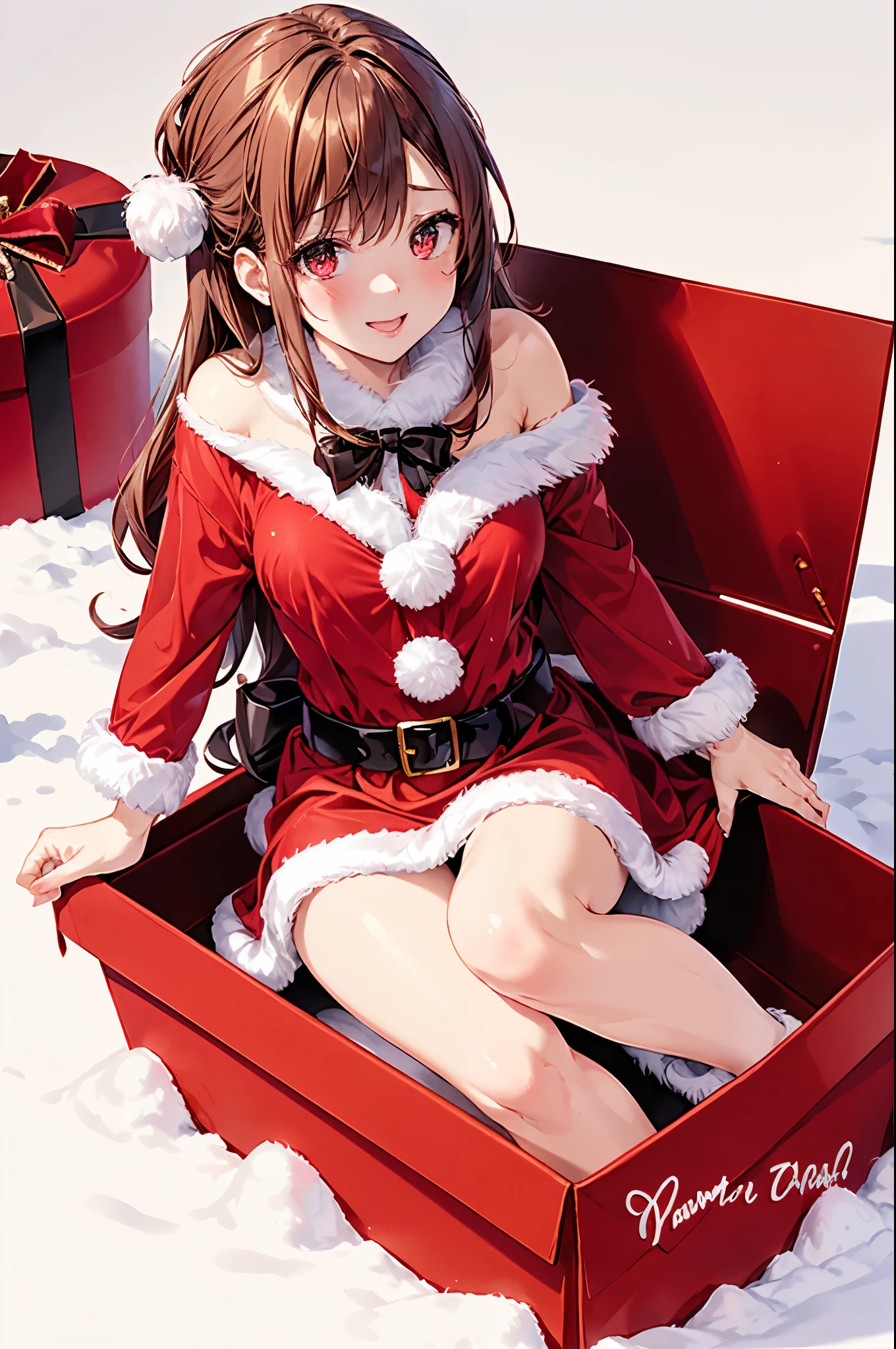 UHD, masterpiece, anatomically correct, super detail, high details, best quality, 8k,perfect beauty girl, oily skin, random Breast size、random hair style、random hair color, sntdrs, red santa dress,fur,belt, crazy eyes, smile, anime style, retina,christmas, snow, yomama_surprise_gift_v5,sitting present box curve,gift box, red box, hold a pink heart object with both hands