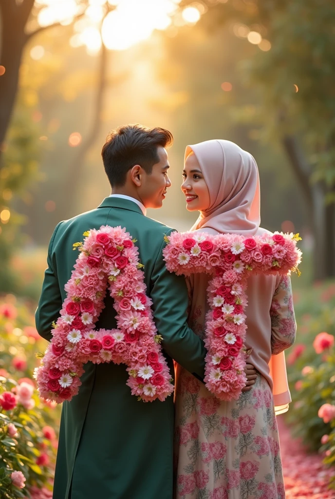 Couples holding A and T letters
Turning there back girl with hijab
Holding letters used flowers
Hidden face