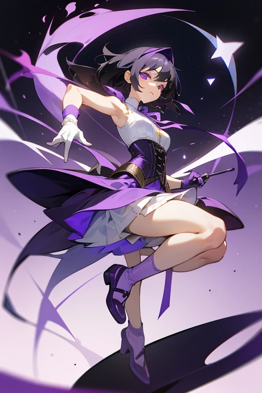 Girl with black hair with white sleeveless shirt, purple corset, purple skirt, long purple gloves, purple shoes and long purple socks, and a purple ribbon with a moon symbol