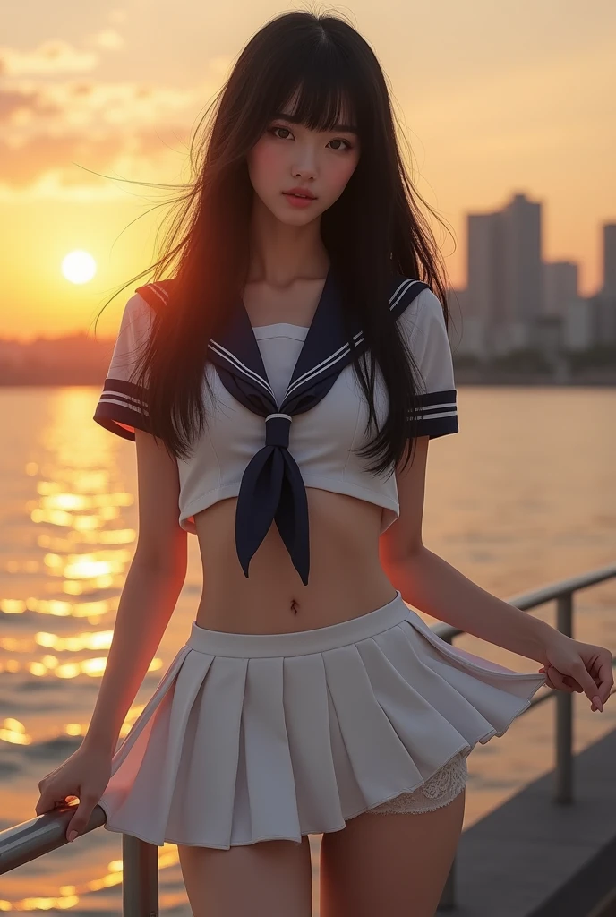 (8k、born、Professional、Highest quality、masterpiece:1.2)、(Genuine、Realistic:1.37)、Very detailed、(Portrait of an 18-year-old woman)、(expensiveest Detail Skin:1.2)、(expensiveest detail face:1.2)、1 Female、18-year-old、Black Hair、Long Hair、expensive 、Japanese high born sailor suit、The wind blew up her pleated miniskirt., Revealing white lace panties.)、Sunset sky、The cityscape at dusk can be seen in the distance、Golden Hour