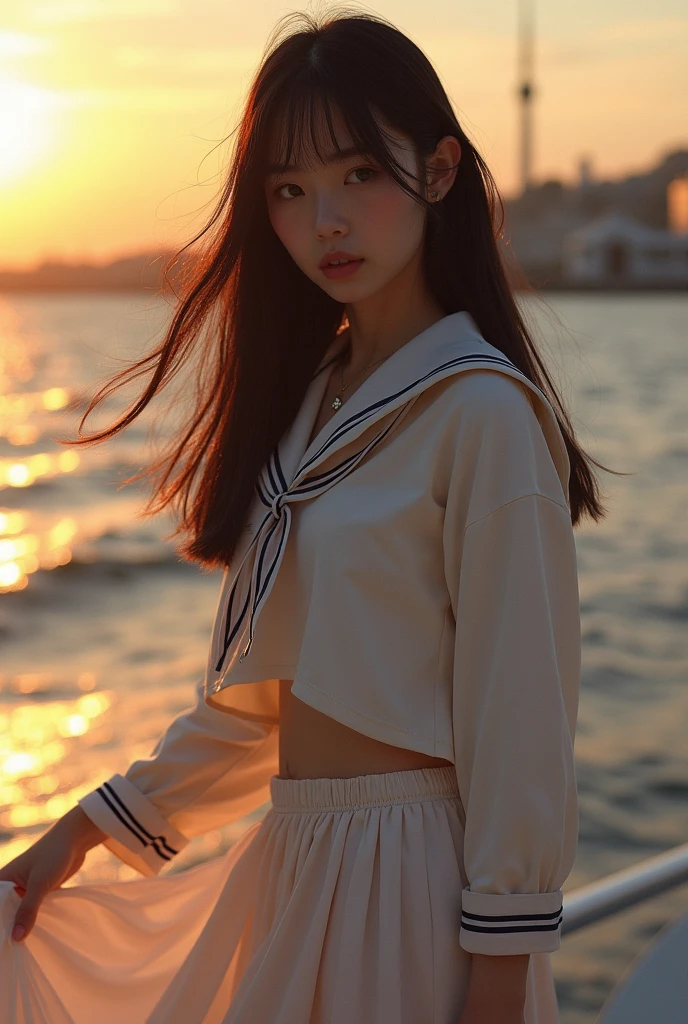 (8k、born、Professional、Highest quality、masterpiece:1.2)、(Genuine、Realistic:1.37)、Very detailed、(Portrait of an 18-year-old woman)、(expensiveest Detail Skin:1.2)、(expensiveest detail face:1.2)、1 Female、18-year-old、Black Hair、Long Hair、expensive 、Japanese high born sailor suit、The wind blew up her pleated miniskirt., Revealing white lace panties.)、Sunset sky、The cityscape at dusk can be seen in the distance、Golden Hour