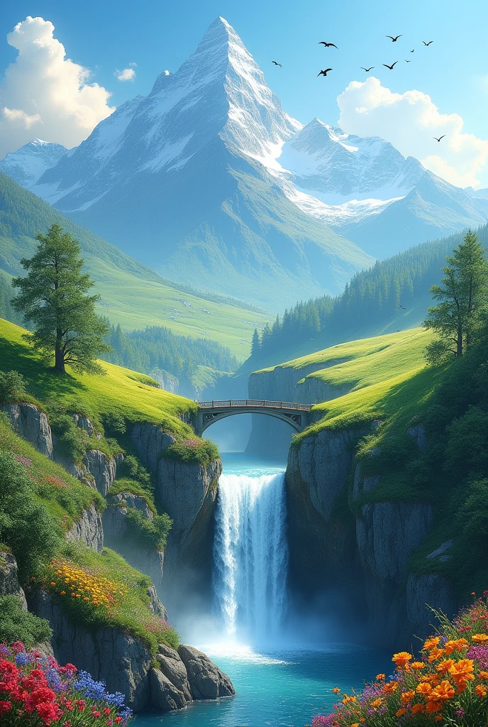 A heavenly scene with beautiful mountain and windy hills with a waterfall from the middle and hills connected by a bridge and at the bottom of hill there are various colourful flower with birds flying high up tye sky