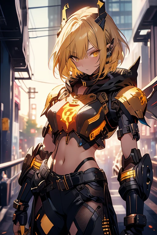 character profile, concept art, robotic, android girl, solo focus, warrior stance, mechanical limbs, full body, gritty sci fi, cybernetic arms, asymmetrical arms, cybernetic ears, angular breastplate, ballistic breastplate golden eyes, black clothing, yellow armor highlights, ballistic collar, waist cape, waist cloak. serious, bangs, long side bangs, medium length bob cut, golden colored inner hair, asymmetrical hair, white hair, glowing eyes, determined, masterpiece, super detail, accurate, anatomically correct