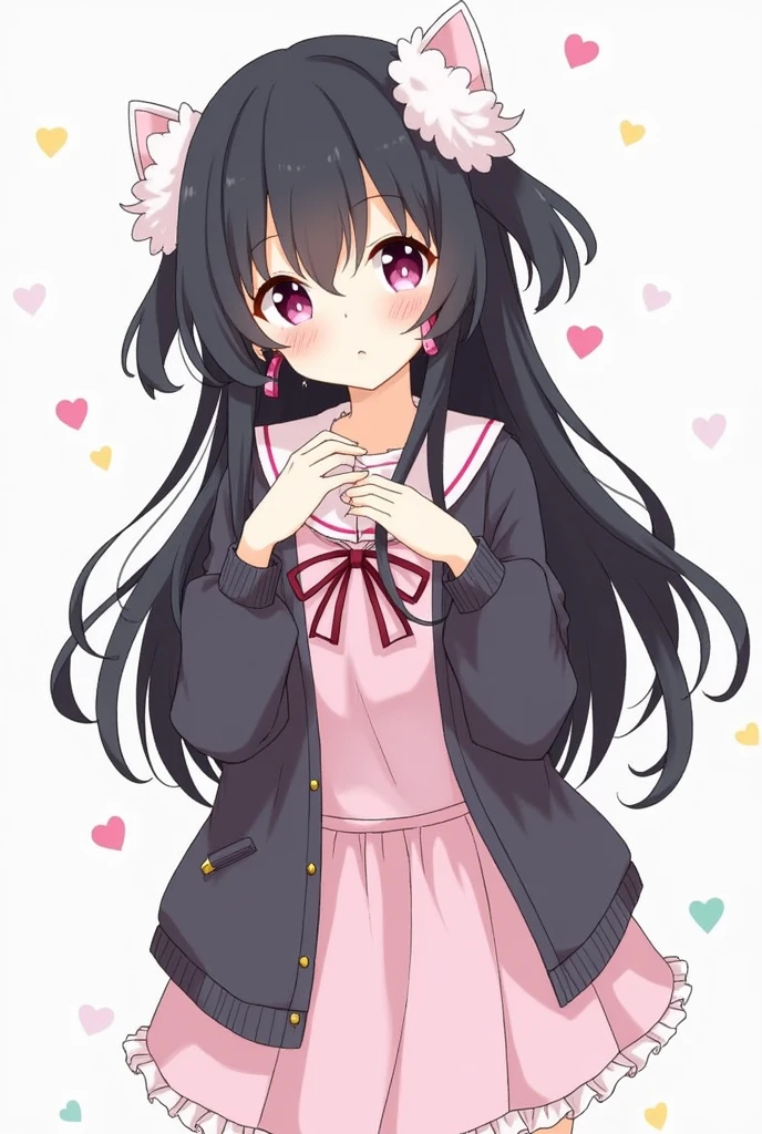 One person, Black Hair,Pink inner color,Long Hair, Gaze, Heavy bangs,Half pigtails Close your mouth, Pink eyes, Droopy eyes, Open your eyes, Take a closer look, Hearts in eyes, Simple Background, ribbon, Headband, White fluffy hair accessories, earphone, Illustration, anime, anime風, skirt,Pale skin,黒色✨長袖,Frills,Mine system,smartphone,Looking down,No eyebrows,Red eyeshadow under the eyes,Pink Sailor Suit,Dark cardigan