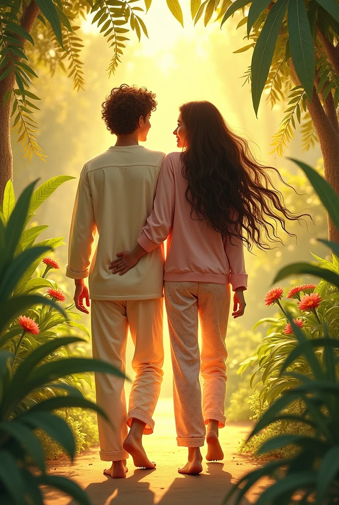 (photorealism:1.2), beautifull best friends boy and girl, walking on garden, wearing top, pajama pants, long hair, plants in background, with sunlight, relaxed pose, realistic, intricate details, warm colors, by Greg Rutkowski, by Alphonse Mucha,with the background names of gayatri and cherry
