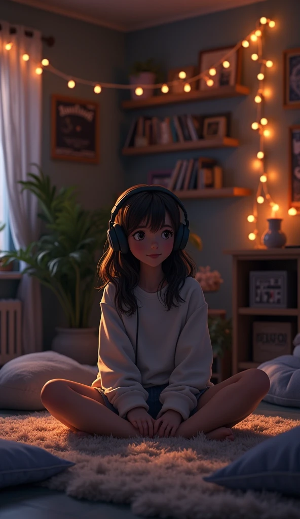 night、Listen to music in a cozy room, Using headphones, 2D-style animation, Lo-Fi, hard disk, Dark Environment