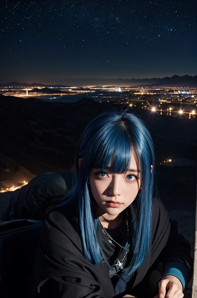 Empty City, A town above the clouds, Sky City,Black Eye,Blue haired,Falling from the sky、In the desert、Stars shine in the night sky、beautiful girl、Show your side