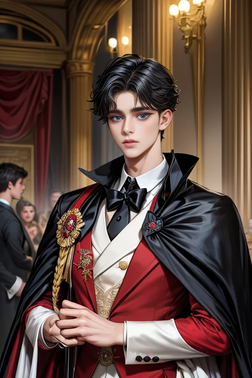 masterpiece, 最high quality, high quality, 1 boy, alone, Male focus, Upper Body,Watching the audience, Messy black hair, Adorable big blue eyes, White, Noble, Noble,A black and red cape that is bursting with sexy volume、Tuxedo、A very voluminous, large, very large, very large, long, long red and black cape with a high stand-up collar, made of a lot of fabric that reaches down to the floor., ,cute beautiful,Cute, cute, kind, handsome guy
