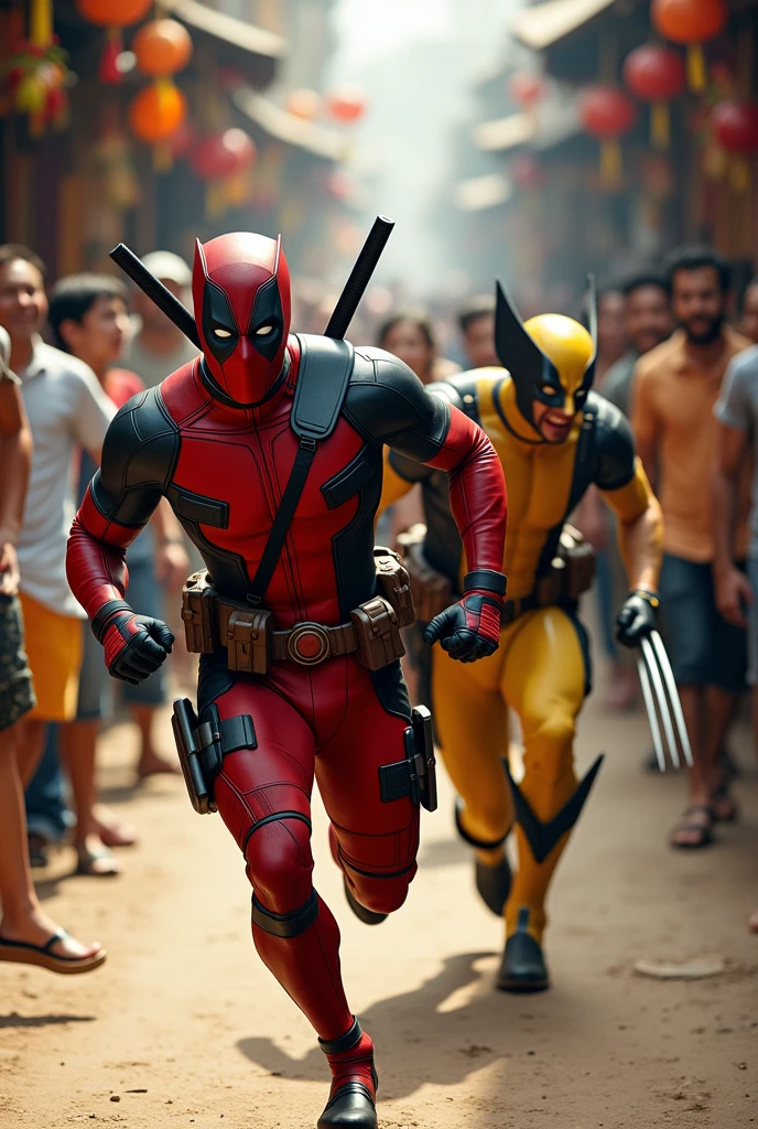 (photorealism:1.2), (HDR quality), (realistics), the deadpool is running sared becouse he was chasing by wolverine(angry face), (deadpool with his one hand is pushing the shouledr of wolverine, wolverine chasing him (nearly falls), at the traditional market(detailed situations and conditions), many people watching them