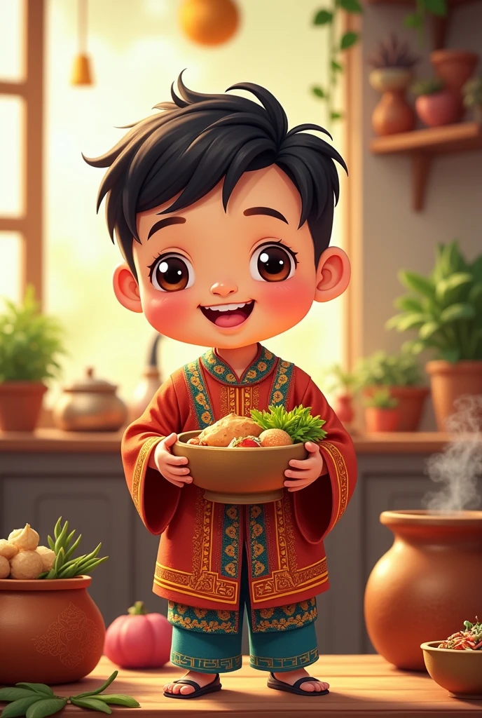 Make a cartoon picture of a cute boy wearing typical Indonesian wayang Gatot kaca clothes holding a bowl of chicken soup