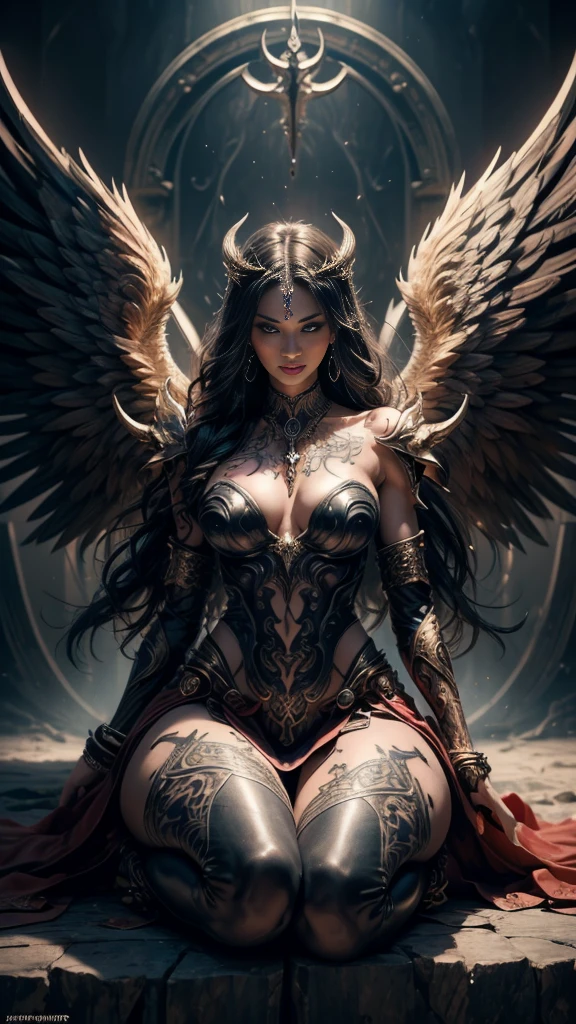 (RAW shooting:1.5, realistic:1.5, Fantasy:1.5, 8D), light and dark, (Highest quality, Masterpiece, Ultra high resolution), The Desolated Demon World, ((Perfect dynamic composition:1.7, Detailed tattoos all over the body:1.6, Wear exquisite jewelry:1.6)), Highly detailed skin and facial features:1.3, Details of the limbs, ((Lucifer (lucifer) , Seraphim (Seraphim))), (สุดเซ็กซี่มีทั้งAngel wings and devil wings, big wings:1.3, beautiful and beautiful:1.3), white skin, open your legs, chaos, Darkness, light, (Wear shoulder-length clothing correctly.:1.3), big breastsที่กำลังจะระเบิด, ช่องว่างbig breasts, (The expression on your face when you feel a strong touch., Facial expressions when feeling pleasure, A look sunk in joy), beautiful blue eyes, Eyes that give a feeling of elegance and beauty, sexy face, Blush, (Too erotic and cute:0.9, Fascinating:0.9), (An incomprehensible amount of fluid flows throughout the body.:1.5), Extra long black curly hair, Looking up from the tip of the toes, emphasis on wings, wings on shoulder, Angel wings and devil wings:1.3, white wings and black wings:1.3, (Realistic picture, highest resolution), (A demon god with wide wings and enormous power on his shoulders.), 6 angel wings, Six-winged bat demon, (((Clearly separate the wings of gods and demons.))), wings on back, wings on shoulder, (Beautiful girl with two meter long hair, Shiny black hair, white skinเรียบเนียน, Lips are very red.), ((sit, throne)), (big breasts, big tits), (gigantic breast, breast augmentation, Breast 400 cc., small waist, hips raised, small thighs, Long legs), (dynamic poses), (Armor that slightly conceals the body), Separate theme, (Angel wings and devil wings:1.3), floating in the air above the ground, background darkness, Embraced by four wings, Horns that sprout from the head like a crown, He who has light, wears little armor, There is power coming out of the body., sparkling wings, white light black light, amazing wings, beautiful gesture, 8K resolution, beautiful gesture, Angel wings and devil wings, (Realistic picture, highest resolution, 16K)