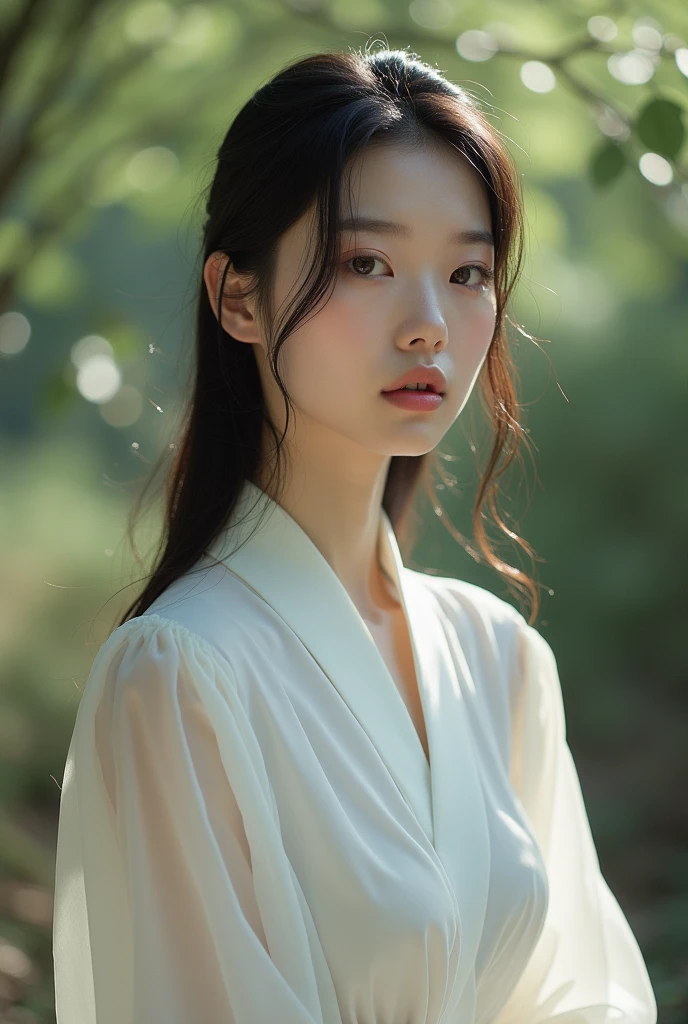 a girl,wear pearl white three pieces,dark silky hair,grey eyes like a hurt deer,perfect facial shape,sharp jaw,23 years old with tall stature,slender ,strong,pink lips,calm demeanor,