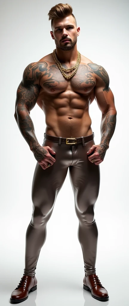 Fullbody standing picture of white Handsome muscular nude horny sexy gay man wearing skinny tight shiny silver latex tights with brown shiny latex suit, shiny light brown glued hair Disconnected Pompadour oiled hair style, very big golden neck chain, shiny varnished brown shoes, brown belt,, red lip, six pack, tattoos, horny, cum shot, sperm, milking penis, very big penis, very big testicle, shiny oiled skin, orgasm, oversexed, masturbation, standing at white lighting show room.